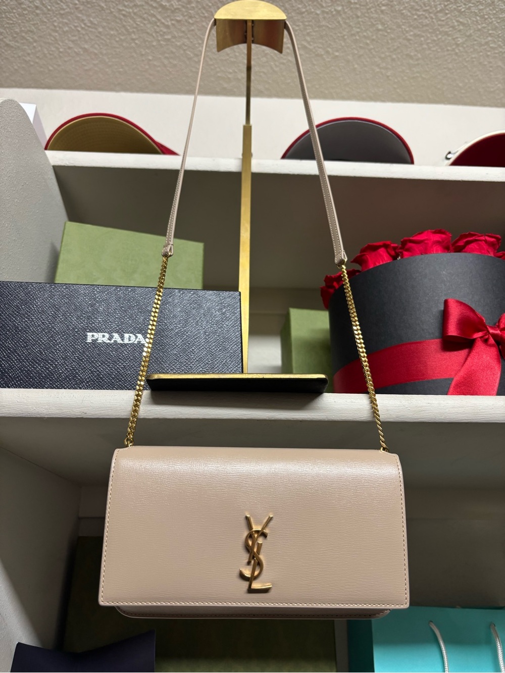 Saint Laurent Beige Leather Shoulder Bag with Gold Chain